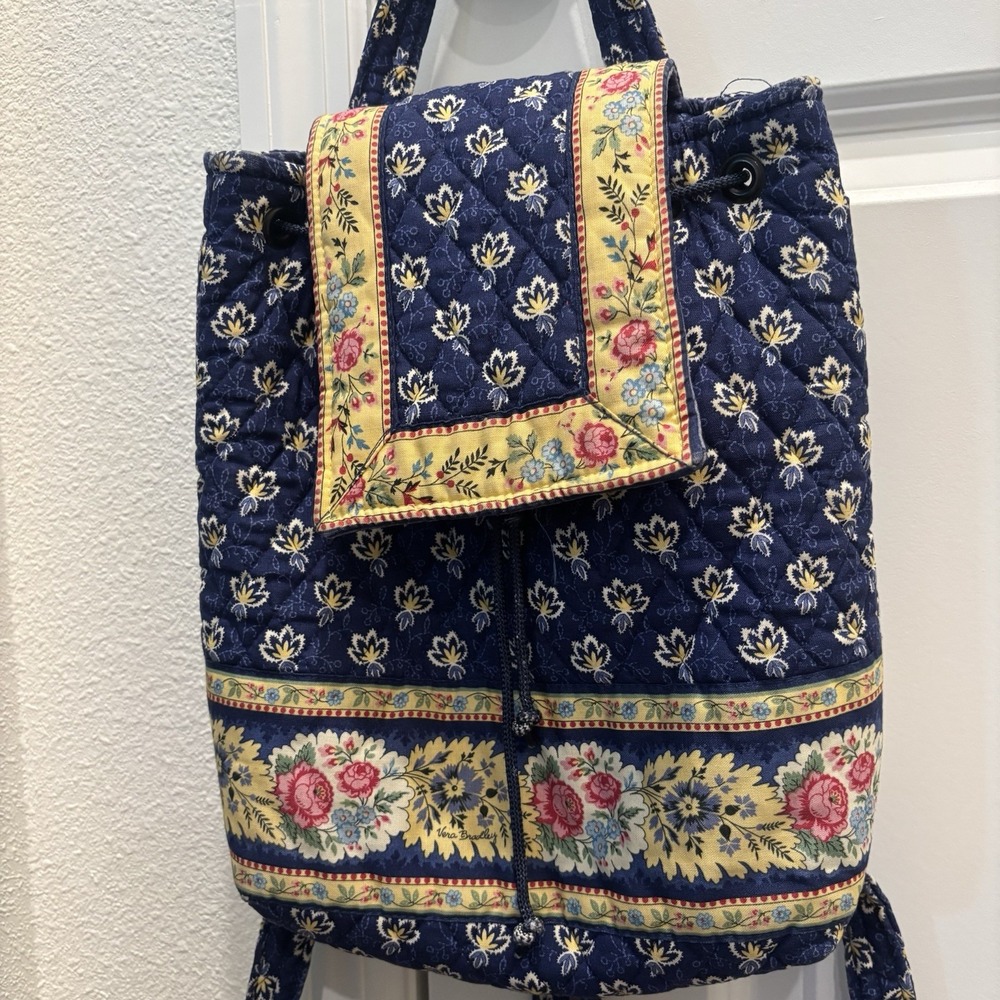 Vera Bradley Maison Blue Yellow Floral Backsack Drawstring Backpack Bag Purse - Picture 2 of 12